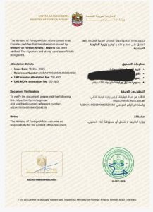 sample of an attested document at the UAE embassy in Nigeria
